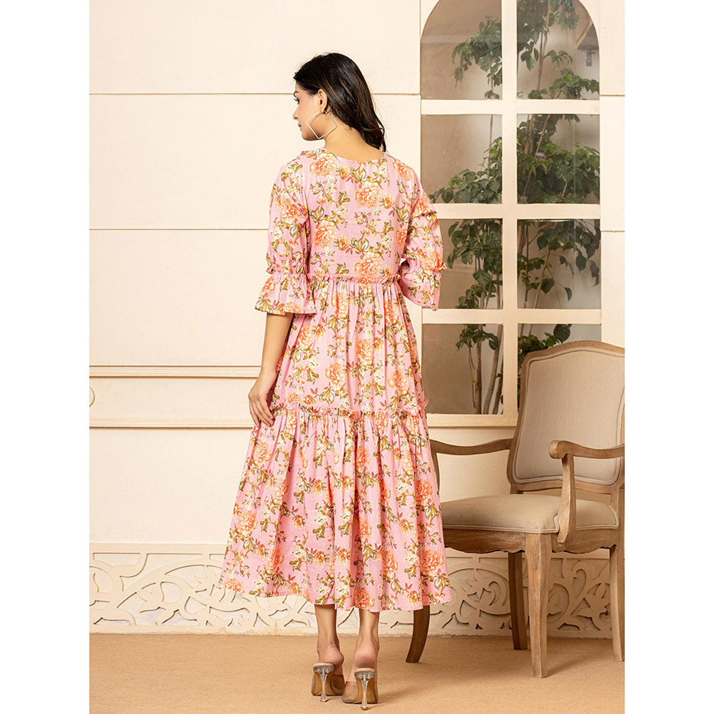 Yufta Pink Cotton Floral Print Tiered Ruffles Dress