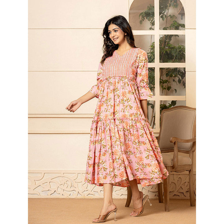 Yufta Pink Cotton Floral Print Tiered Ruffles Dress