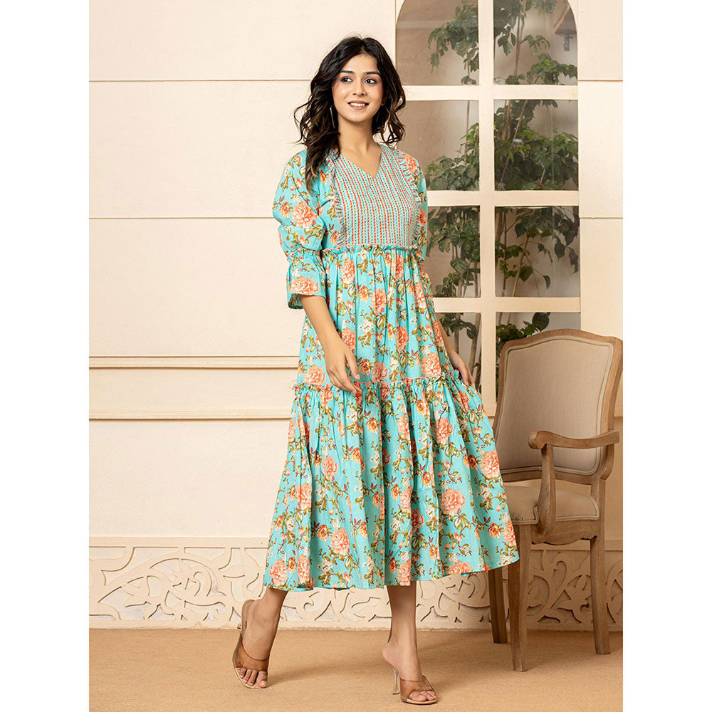 Yufta Blue Cotton Floral Print Tiered Ruffles Dress