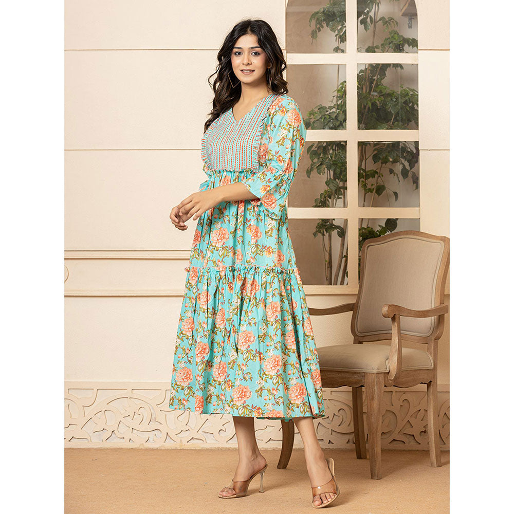 Yufta Blue Cotton Floral Print Tiered Ruffles Dress