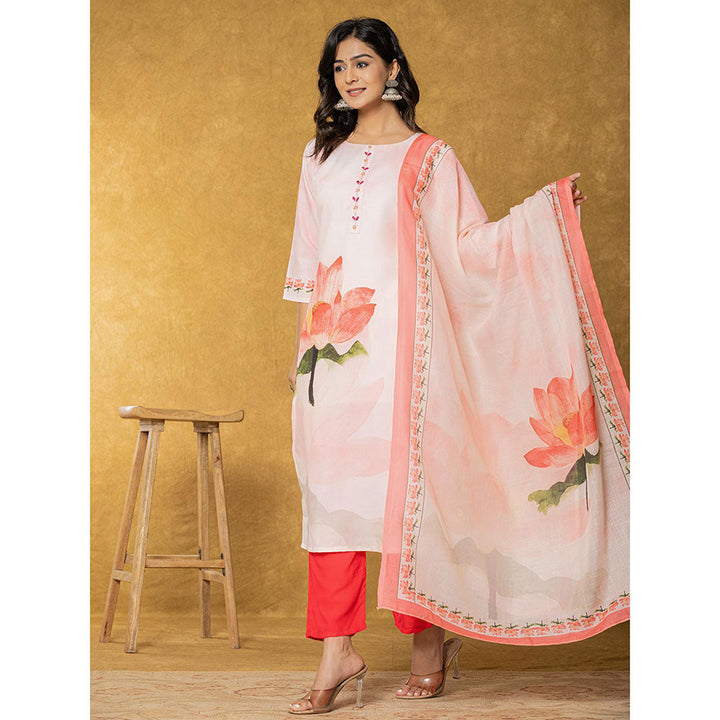 Yufta Pink Linen Kurta with Dupatta and Pant (Set of 3)