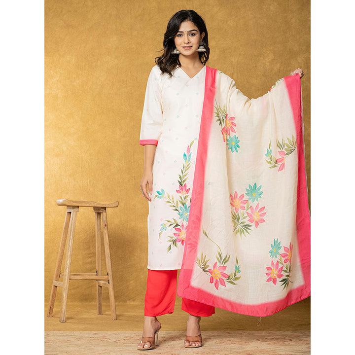 Yufta Cream Linen Floral Kurta with Dupatta and Pant (Set of 3)