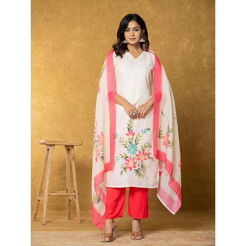 Yufta Cream Linen Floral Kurta with Dupatta and Pant (Set of 3)