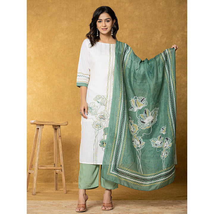 Yufta White and Green Linen Kurta with Dupatta and Pant (Set of 3)