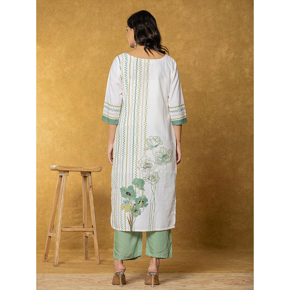 Yufta White and Green Linen Kurta with Dupatta and Pant (Set of 3)