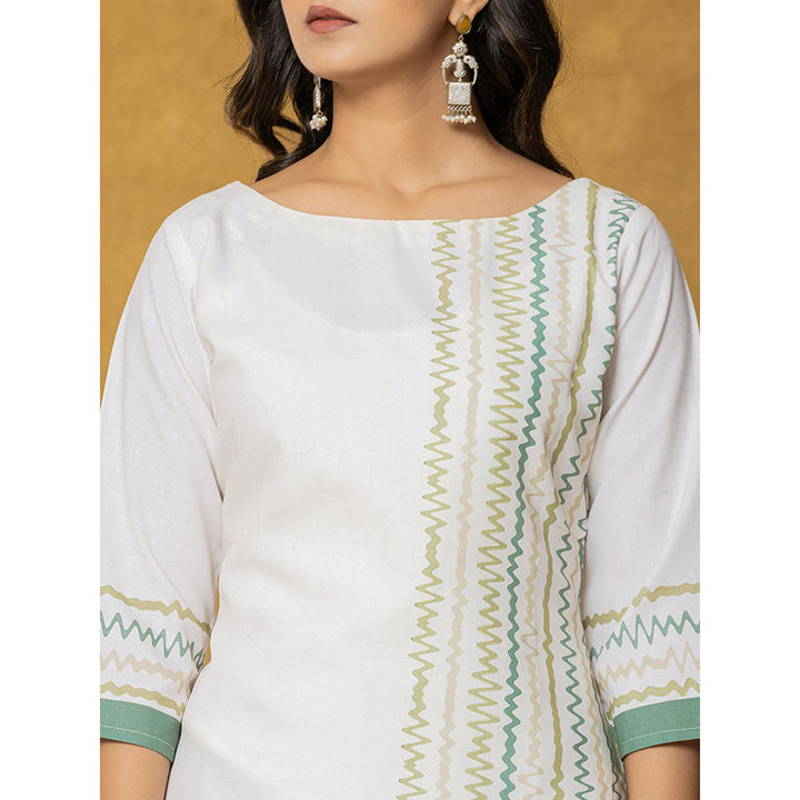 Yufta White and Green Linen Kurta with Dupatta and Pant (Set of 3)