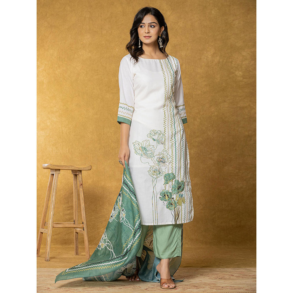 Yufta White and Green Linen Kurta with Dupatta and Pant (Set of 3)