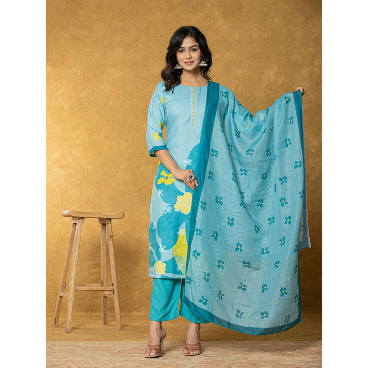 Yufta Teal Green Linen Kurta with Dupatta and Pant (Set of 3)