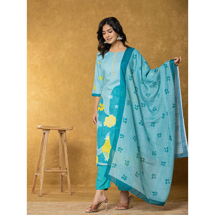 Yufta Teal Green Linen Kurta with Dupatta and Pant (Set of 3)