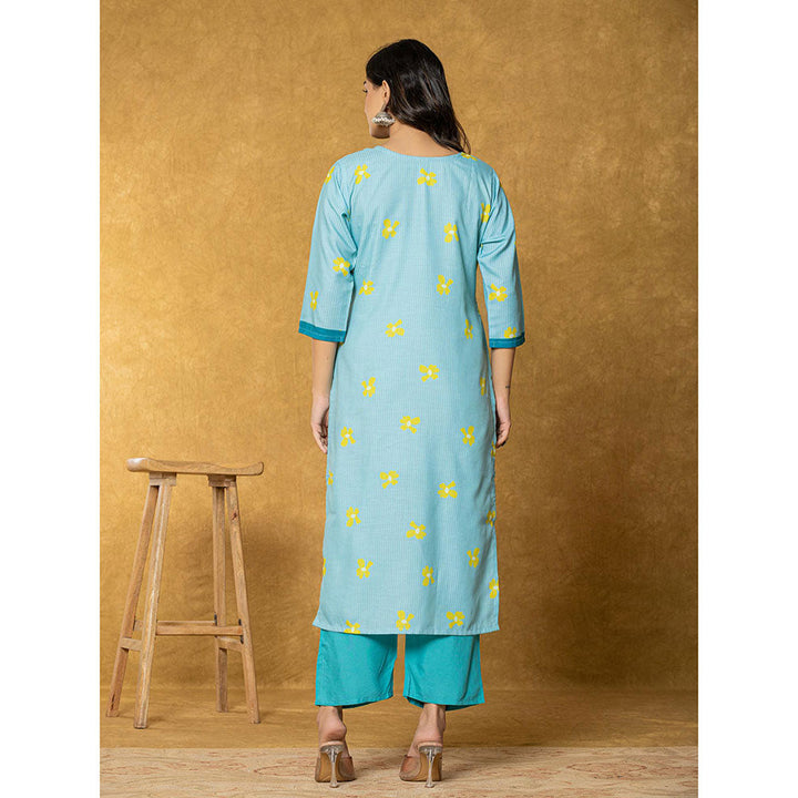 Yufta Teal Green Linen Kurta with Dupatta and Pant (Set of 3)