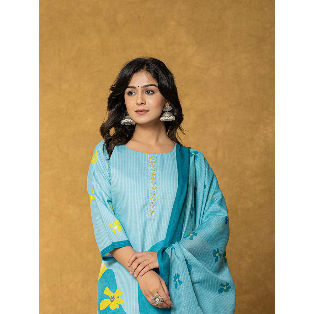 Yufta Teal Green Linen Kurta with Dupatta and Pant (Set of 3)