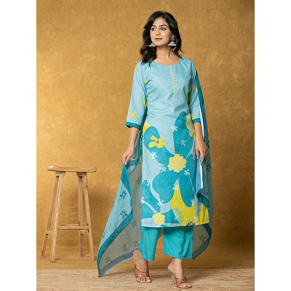 Yufta Teal Green Linen Kurta with Dupatta and Pant (Set of 3)