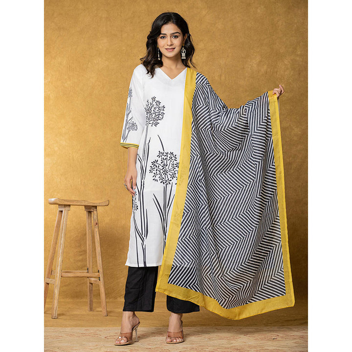 Yufta White and Black Linen Kurta with Dupatta and Pant (Set of 3)