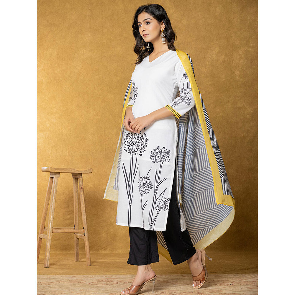 Yufta White and Black Linen Kurta with Dupatta and Pant (Set of 3)