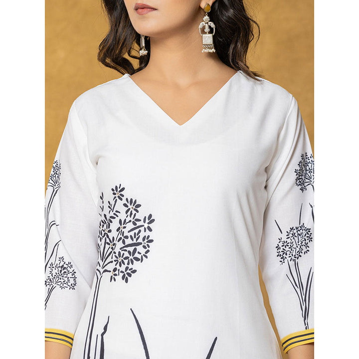 Yufta White and Black Linen Kurta with Dupatta and Pant (Set of 3)