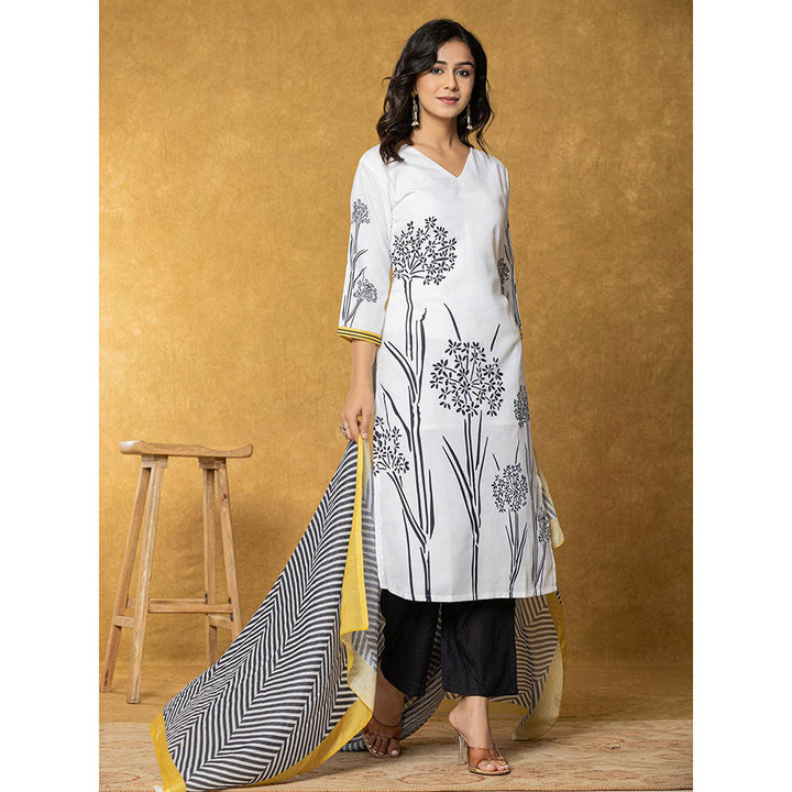 Yufta White and Black Linen Kurta with Dupatta and Pant (Set of 3)