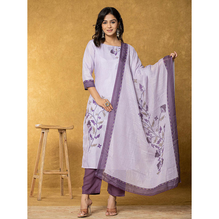 Yufta Lavender and White Linen Kurta with Dupatta and Pant (Set of 3)