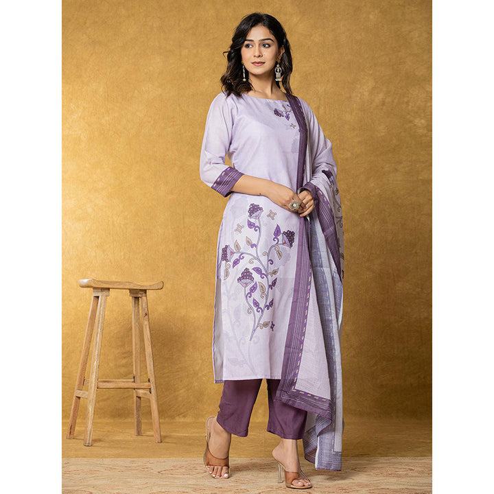 Yufta Lavender and White Linen Kurta with Dupatta and Pant (Set of 3)