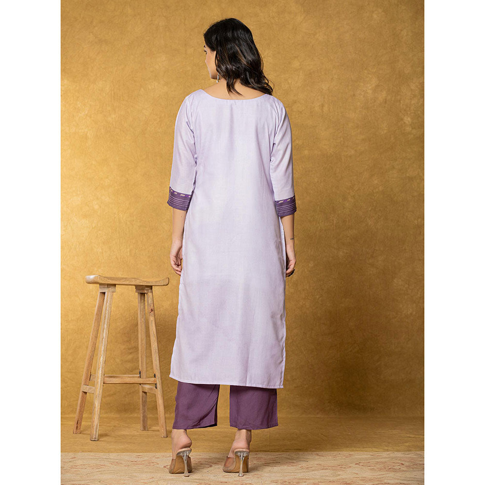 Yufta Lavender and White Linen Kurta with Dupatta and Pant (Set of 3)