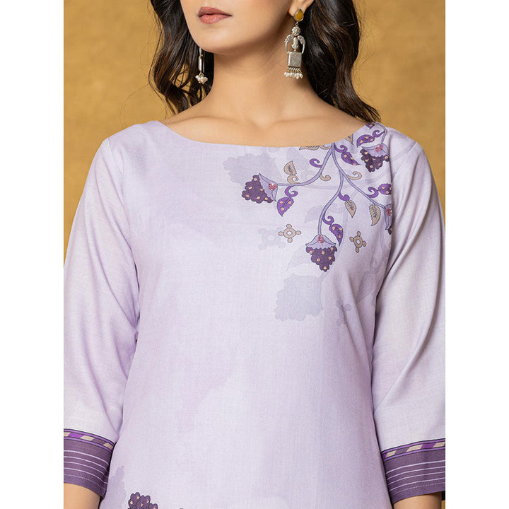 Yufta Lavender and White Linen Kurta with Dupatta and Pant (Set of 3)