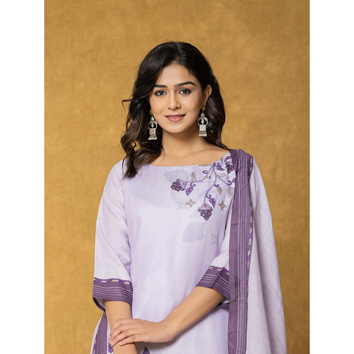 Yufta Lavender and White Linen Kurta with Dupatta and Pant (Set of 3)