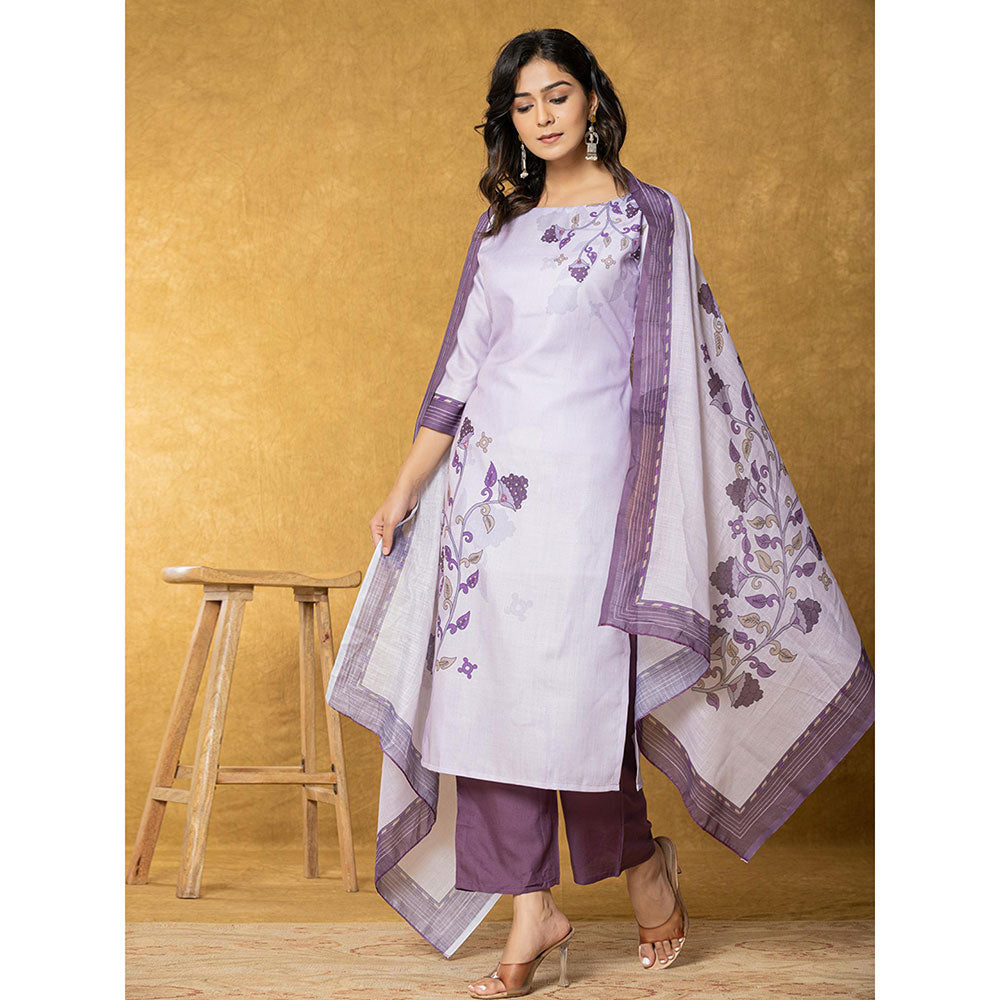 Yufta Lavender and White Linen Kurta with Dupatta and Pant (Set of 3)