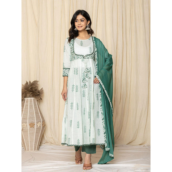 Yufta Green Sequins Work Cotton Anarkali Kurta & Pant with Dupatta (Set of 3)