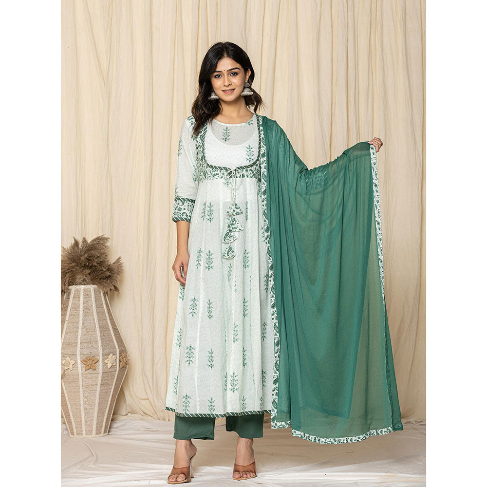 Yufta Green Sequins Work Cotton Anarkali Kurta & Pant with Dupatta (Set of 3)