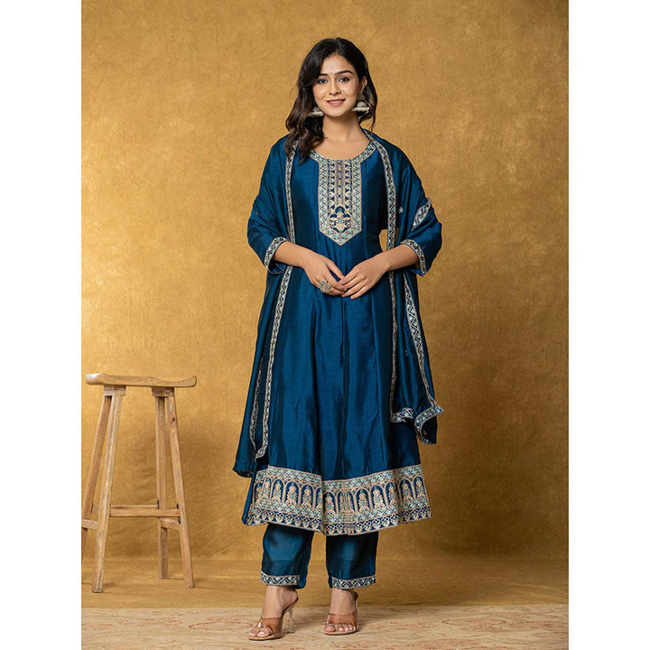 Yufta Navy Blue Embroidered Cotton Lining Anarkali Kurta & Pant with Dupatta (Set of 3)