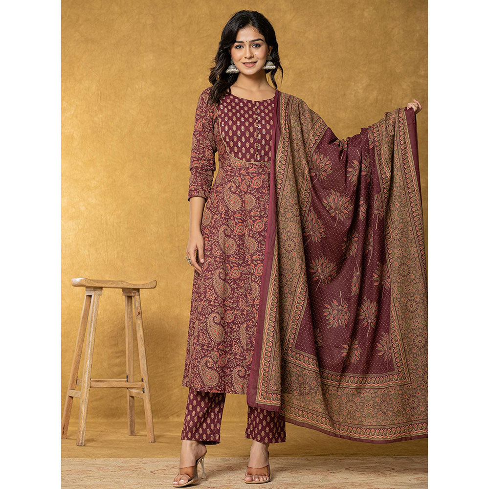 Yufta Burgundy Sequins Work Cotton Anarkali Kurta & Pant with Dupatta (Set of 3)