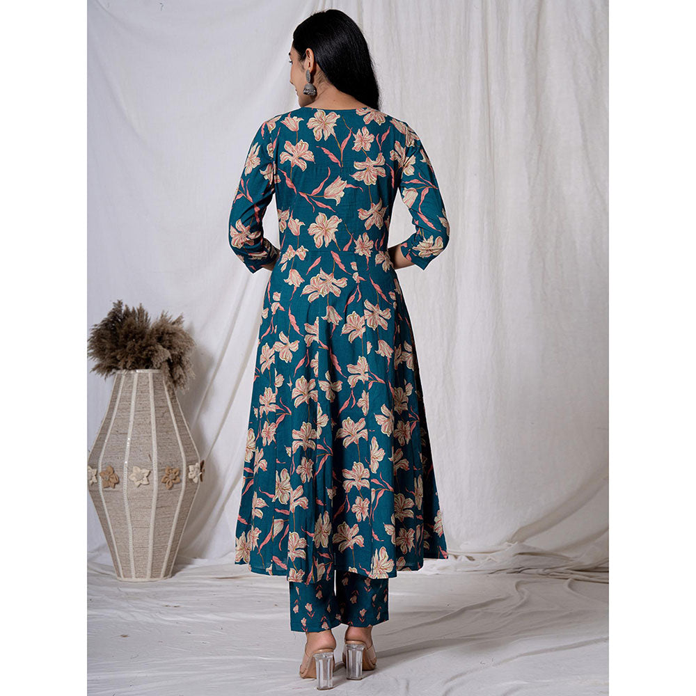 Yufta Sea Green Floral Pure Cotton Anarkali Kurta & Pant with Dupatta (Set of 3)