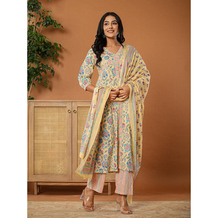 Yufta Cotton Yellow Kurta with Pant and Dupatta (Set of 3)