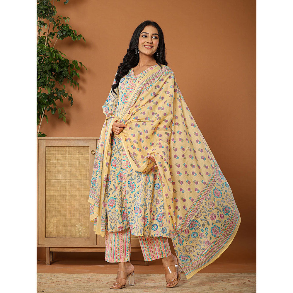 Yufta Cotton Yellow Kurta with Pant and Dupatta (Set of 3)