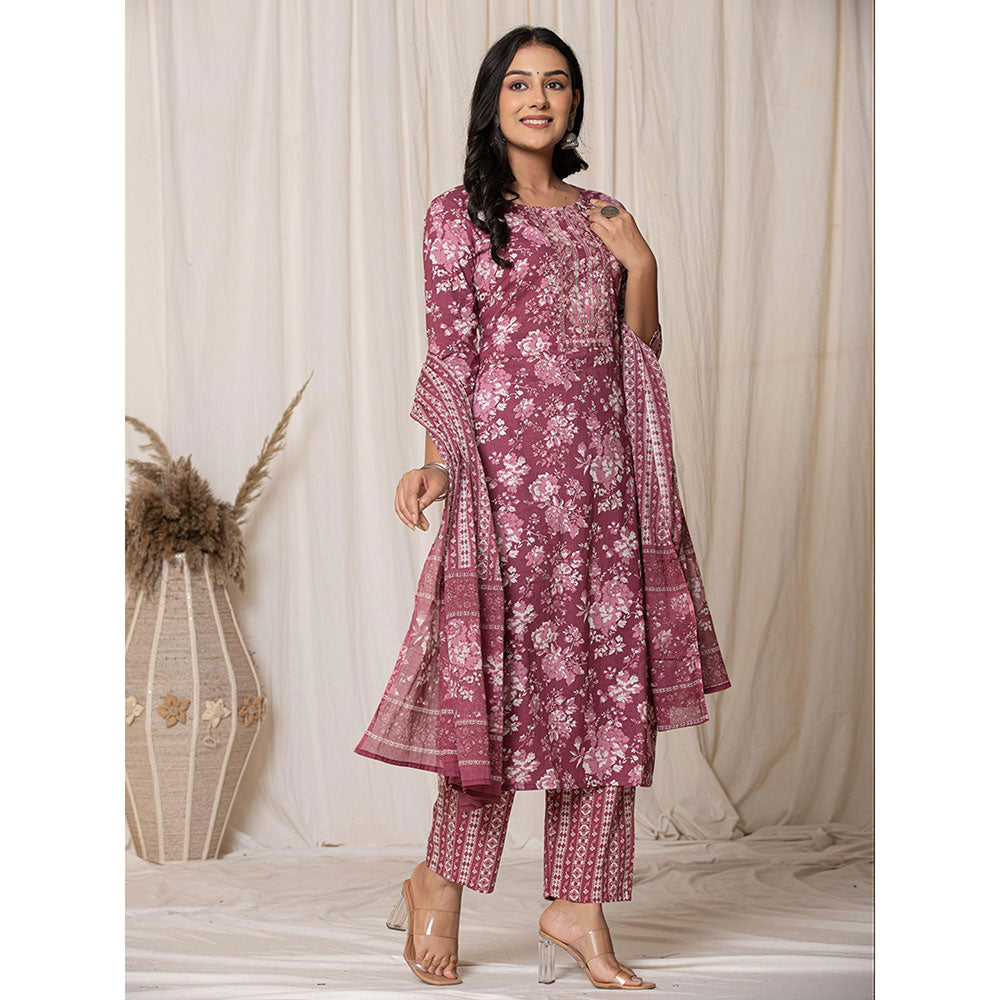 Yufta Mauve Thread Work Cotton Straight Kurta with Pant and Dupatta (Set of 3)