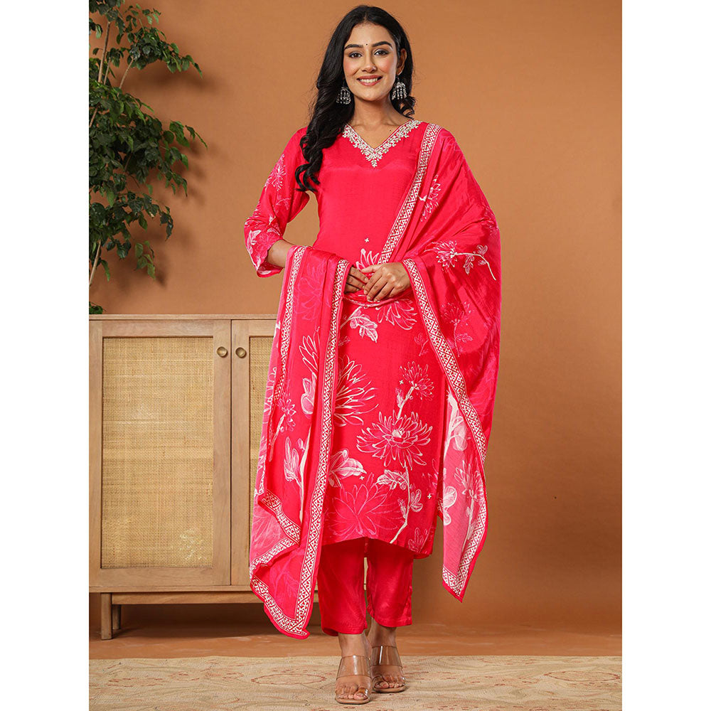 Yufta Pink Muslin Hand Embroidery Kurta with Dupatta & Pant (Set of 3)