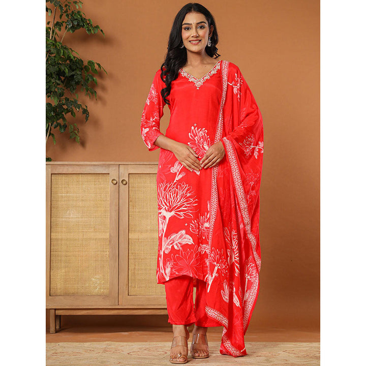 Yufta Muslin Red Hand Embroidery Kurta with Dupatta & Pant (Set of 3)