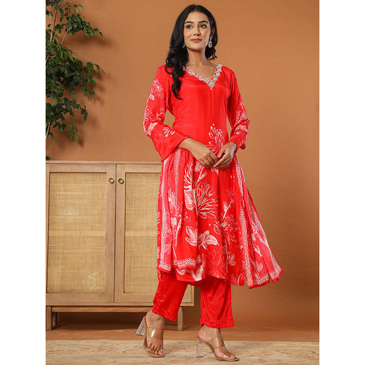 Yufta Muslin Red Hand Embroidery Kurta with Dupatta & Pant (Set of 3)