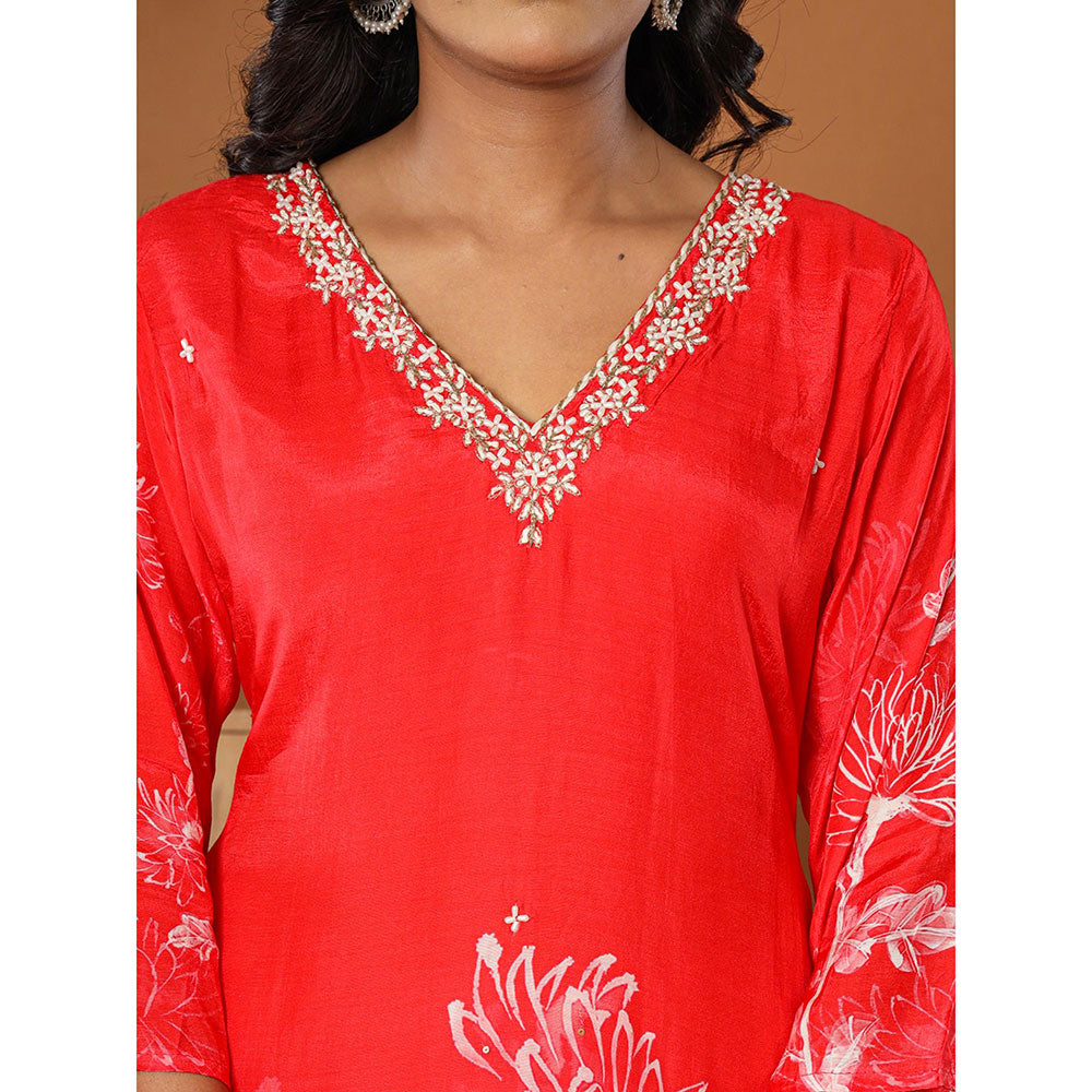 Yufta Muslin Red Hand Embroidery Kurta with Dupatta & Pant (Set of 3)