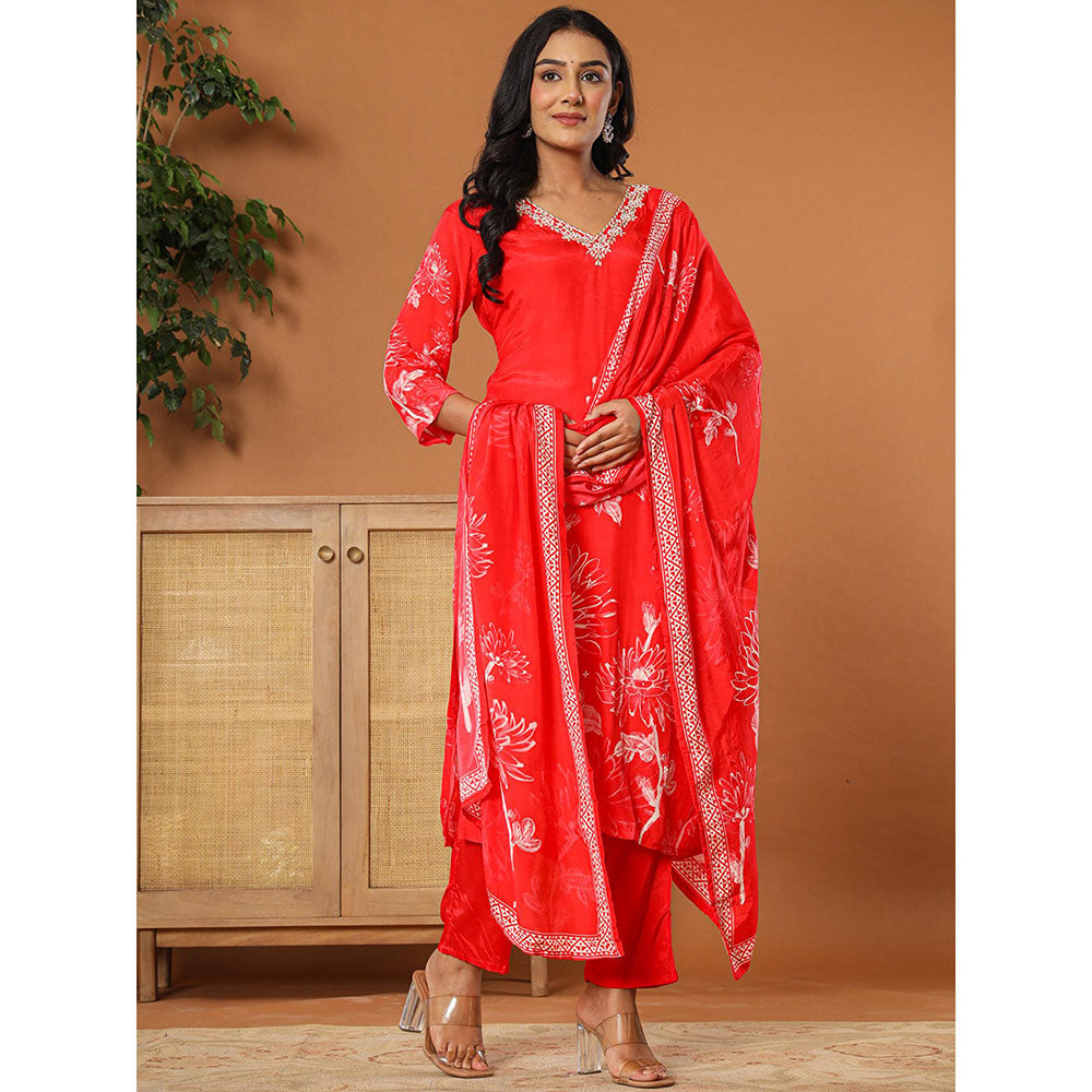 Yufta Muslin Red Hand Embroidery Kurta with Dupatta & Pant (Set of 3)