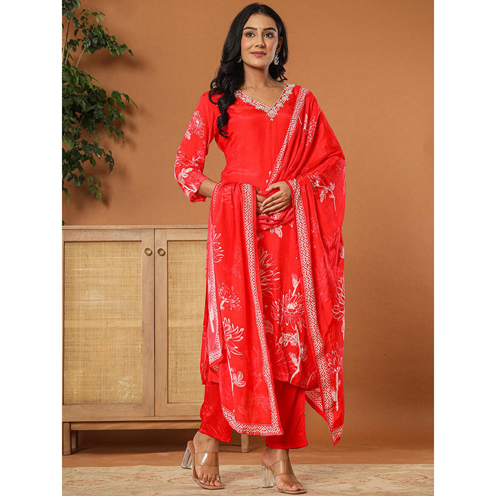 Yufta Muslin Red Hand Embroidery Kurta with Dupatta & Pant (Set of 3)