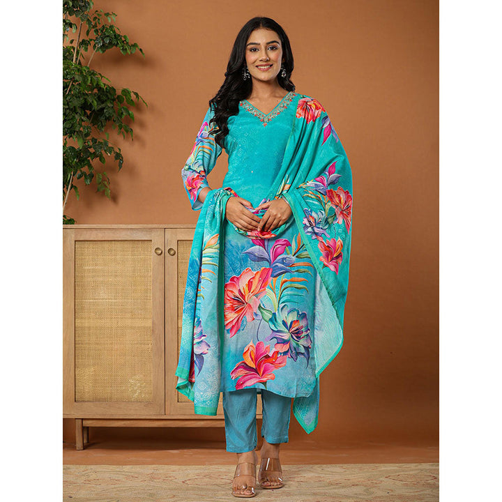 Yufta Muslin Blue Kurta with Dupatta and Pant (Set of 3)