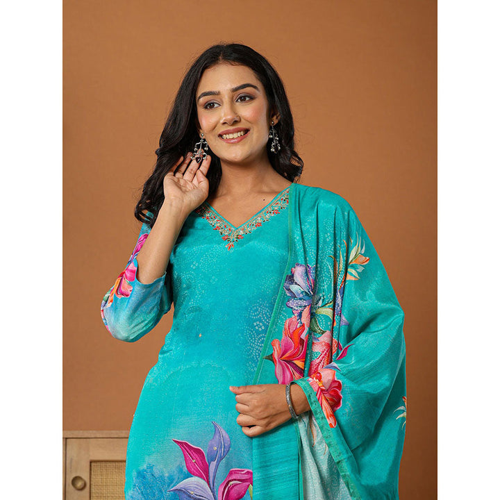 Yufta Muslin Blue Kurta with Dupatta and Pant (Set of 3)