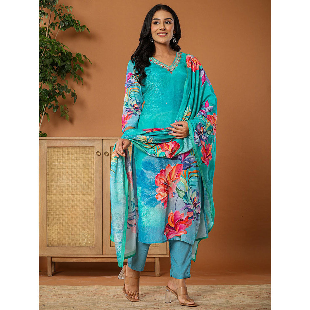 Yufta Muslin Blue Kurta with Dupatta and Pant (Set of 3)