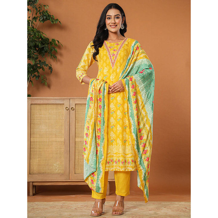 Yufta Muslin Mustard Hand Embroidery Kurta with Dupatta and Pant (Set of 3)