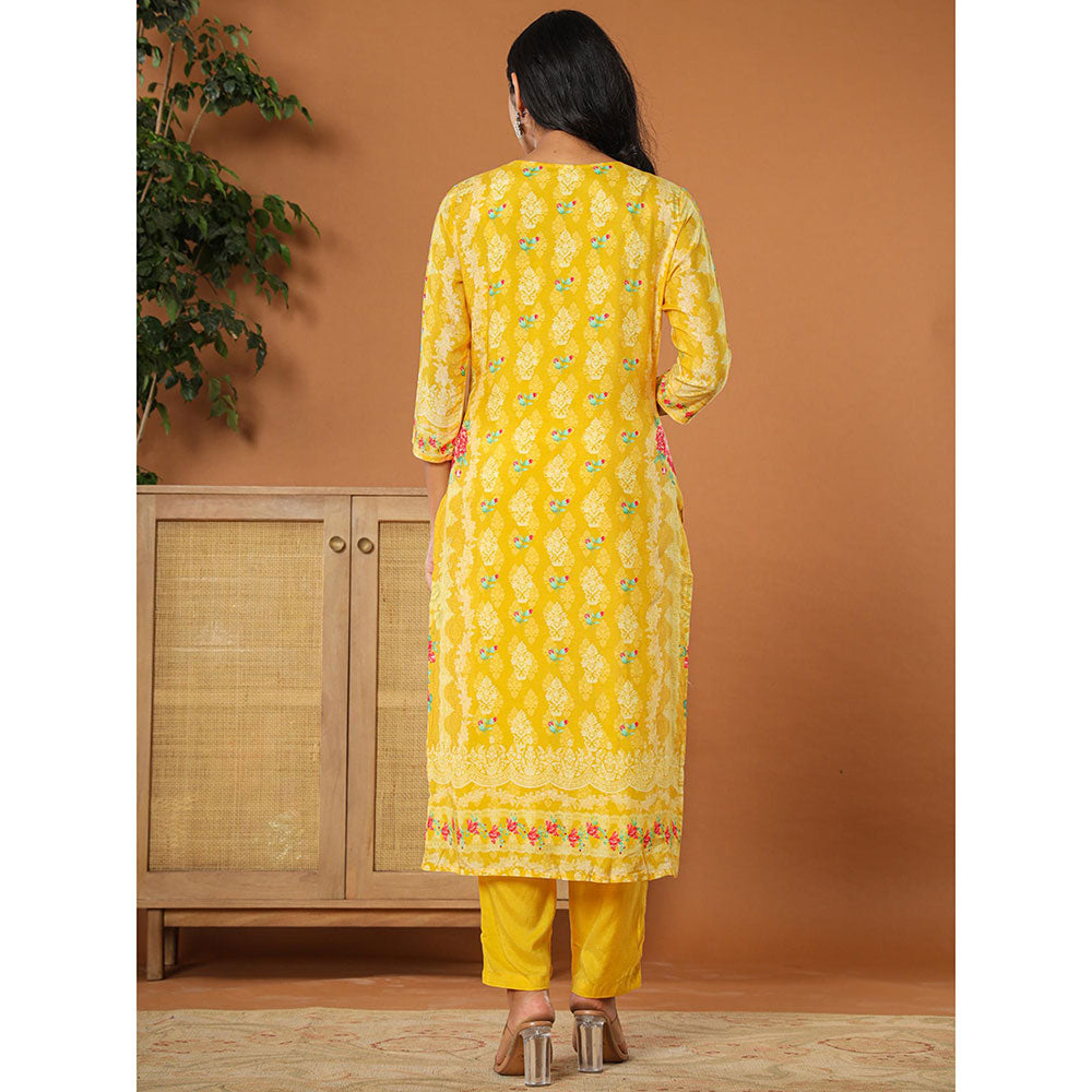 Yufta Muslin Mustard Hand Embroidery Kurta with Dupatta and Pant (Set of 3)