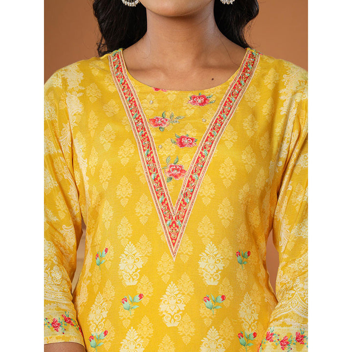 Yufta Muslin Mustard Hand Embroidery Kurta with Dupatta and Pant (Set of 3)