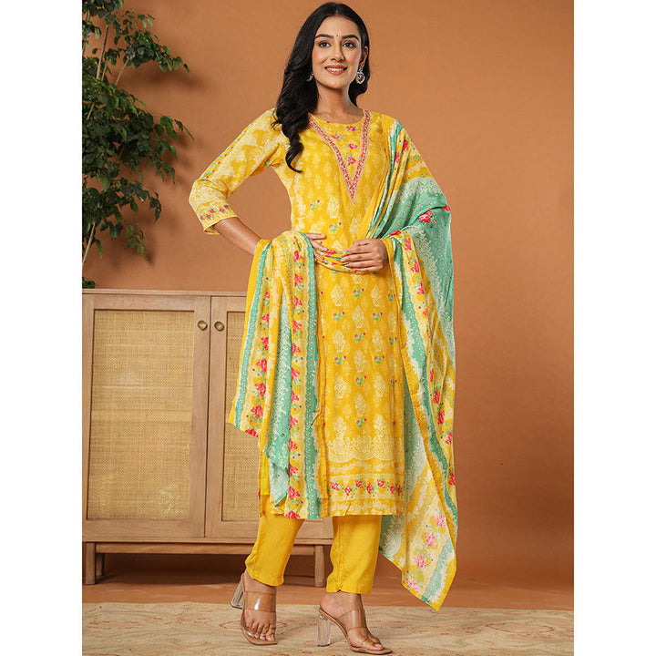 Yufta Muslin Mustard Hand Embroidery Kurta with Dupatta and Pant (Set of 3)