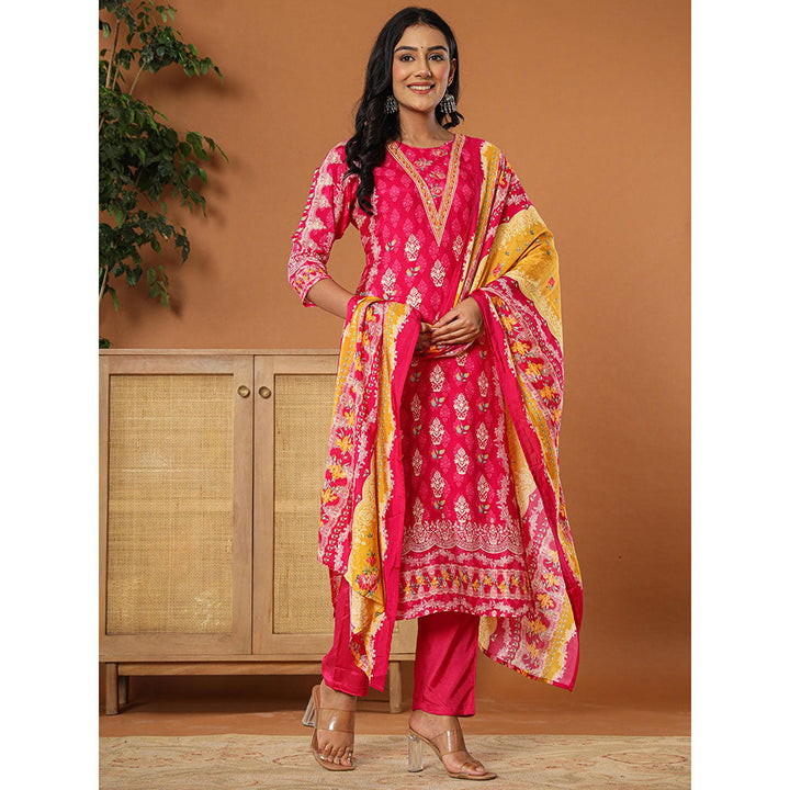 Yufta Muslin Pink Hand Embroidery Kurta with Dupatta and Pant (Set of 3)