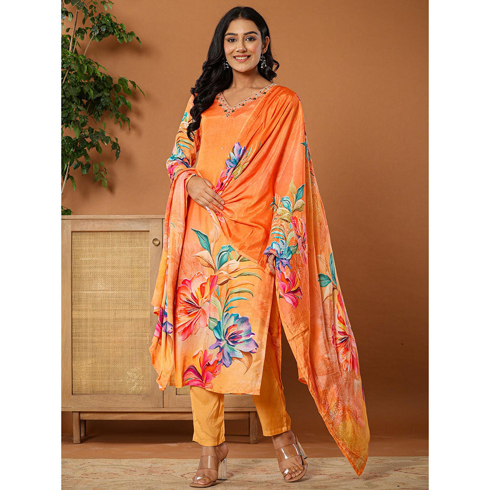 Yufta Muslin Orange Kurta with Dupatta and Pant (Set of 3)