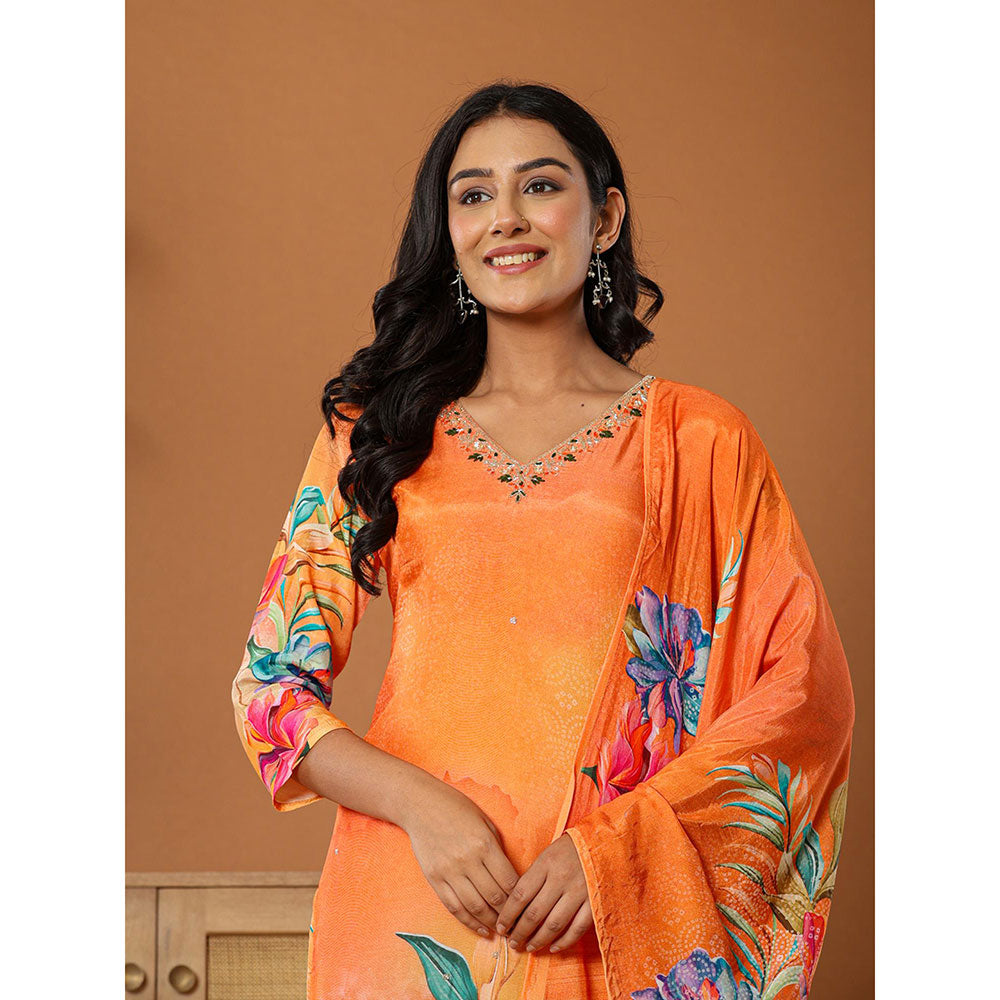 Yufta Muslin Orange Kurta with Dupatta and Pant (Set of 3)